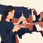 Illustration éditoriale d’une jeune femme écoutant un podcast sur son smartphone devant une carte stylisée des États-Unis et le Capitole de Washington.