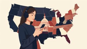 Illustration éditoriale d’une jeune femme écoutant un podcast sur son smartphone devant une carte stylisée des États-Unis et le Capitole de Washington.