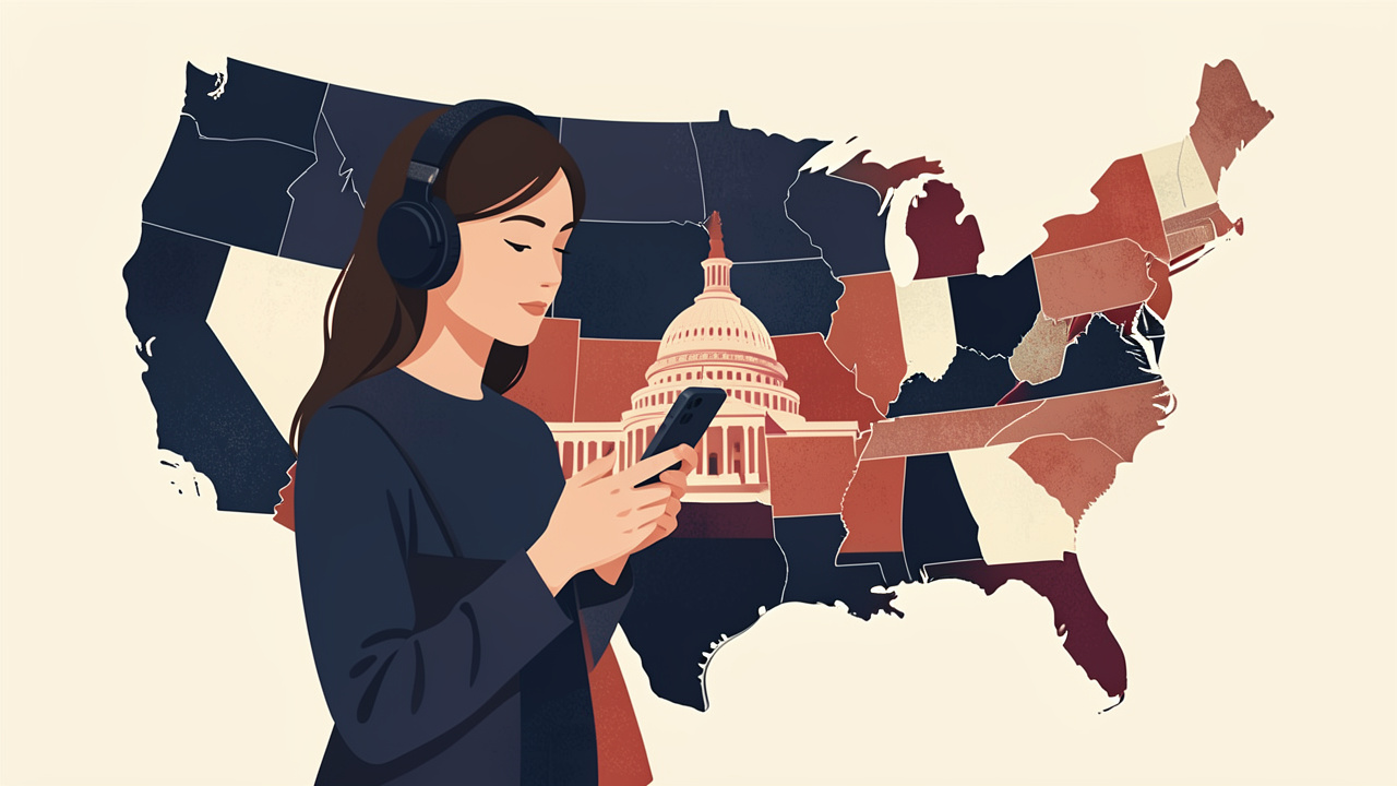 Illustration éditoriale d’une jeune femme écoutant un podcast sur son smartphone devant une carte stylisée des États-Unis et le Capitole de Washington.