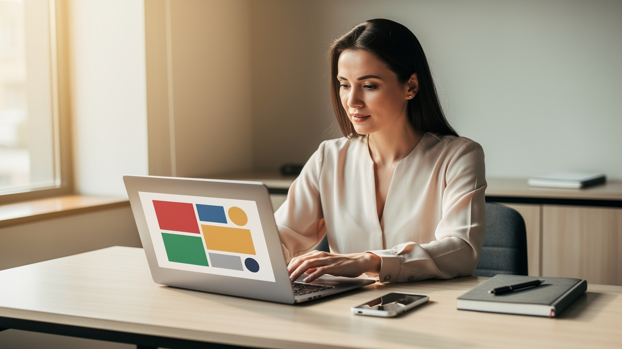 Femme consultant un ordinateur portable placé à côté d’un smartphone sur un bureau moderne, éclairé par une lumière naturelle.