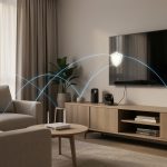 Retour d’expérience : Quad9 DNS pour protéger les objets connectés Salon contemporain présentant un routeur Wi-Fi, une caméra connectée, une enceinte intelligente et un téléviseur, avec une représentation lumineuse et abstraite de la sécurité DNS domestique.