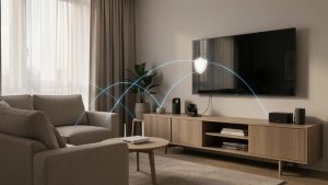 Salon contemporain présentant un routeur Wi-Fi, une caméra connectée, une enceinte intelligente et un téléviseur, avec une représentation lumineuse et abstraite de la sécurité DNS domestique.