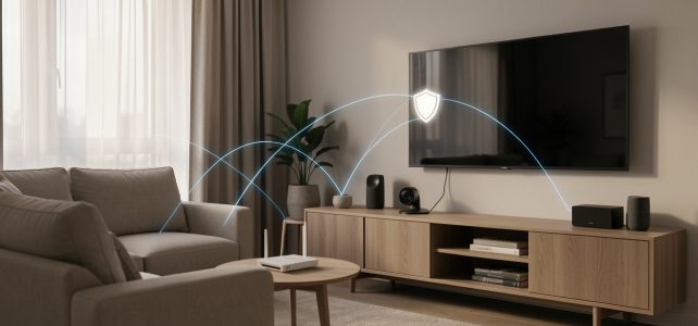 Retour d’expérience : Quad9 DNS pour protéger les objets connectés Salon contemporain présentant un routeur Wi-Fi, une caméra connectée, une enceinte intelligente et un téléviseur, avec une représentation lumineuse et abstraite de la sécurité DNS domestique.