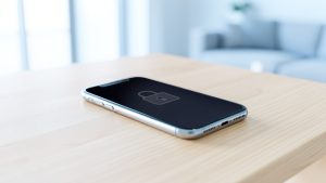 Smartphone moderne posé sur une table claire, avec un écran verrouillé affichant un discret cadenas dans une ambiance lumineuse et sécurisée.