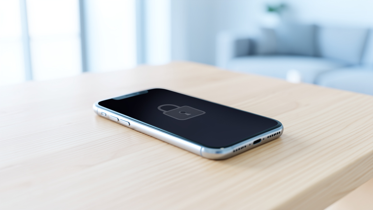 Smartphone moderne posé sur une table claire, avec un écran verrouillé affichant un discret cadenas dans une ambiance lumineuse et sécurisée.