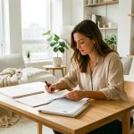 Appartement urbain lumineux préparé pour une location de courte durée, avec une hôte consultant des documents sur une table.