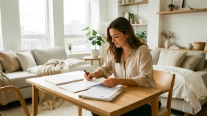 Appartement urbain lumineux préparé pour une location de courte durée, avec une hôte consultant des documents sur une table.