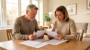 Un couple examine des documents de performance énergétique et des factures autour d’une table dans une maison lumineuse.