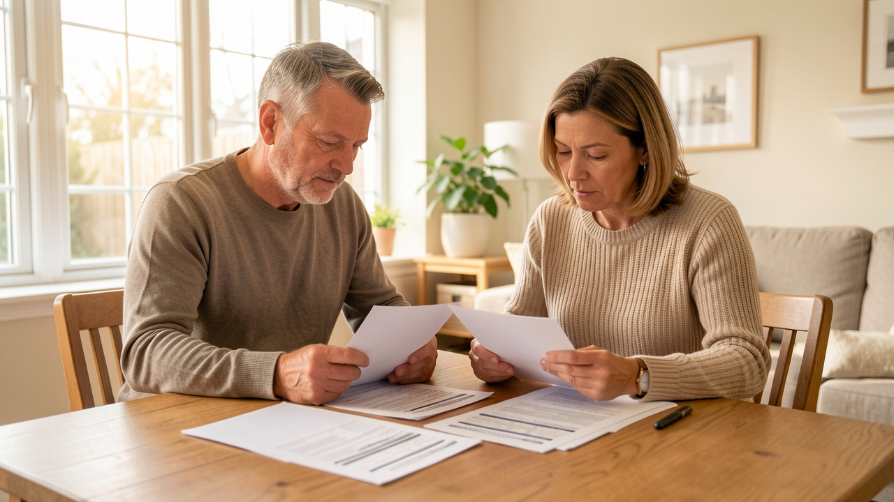 Un couple examine des documents de performance énergétique et des factures autour d’une table dans une maison lumineuse.