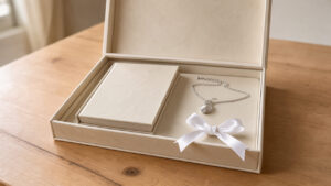 Coffret de cadeaux de baptême avec un livre fermé, un bijou discret et un ruban blanc posés sur une table lumineuse.