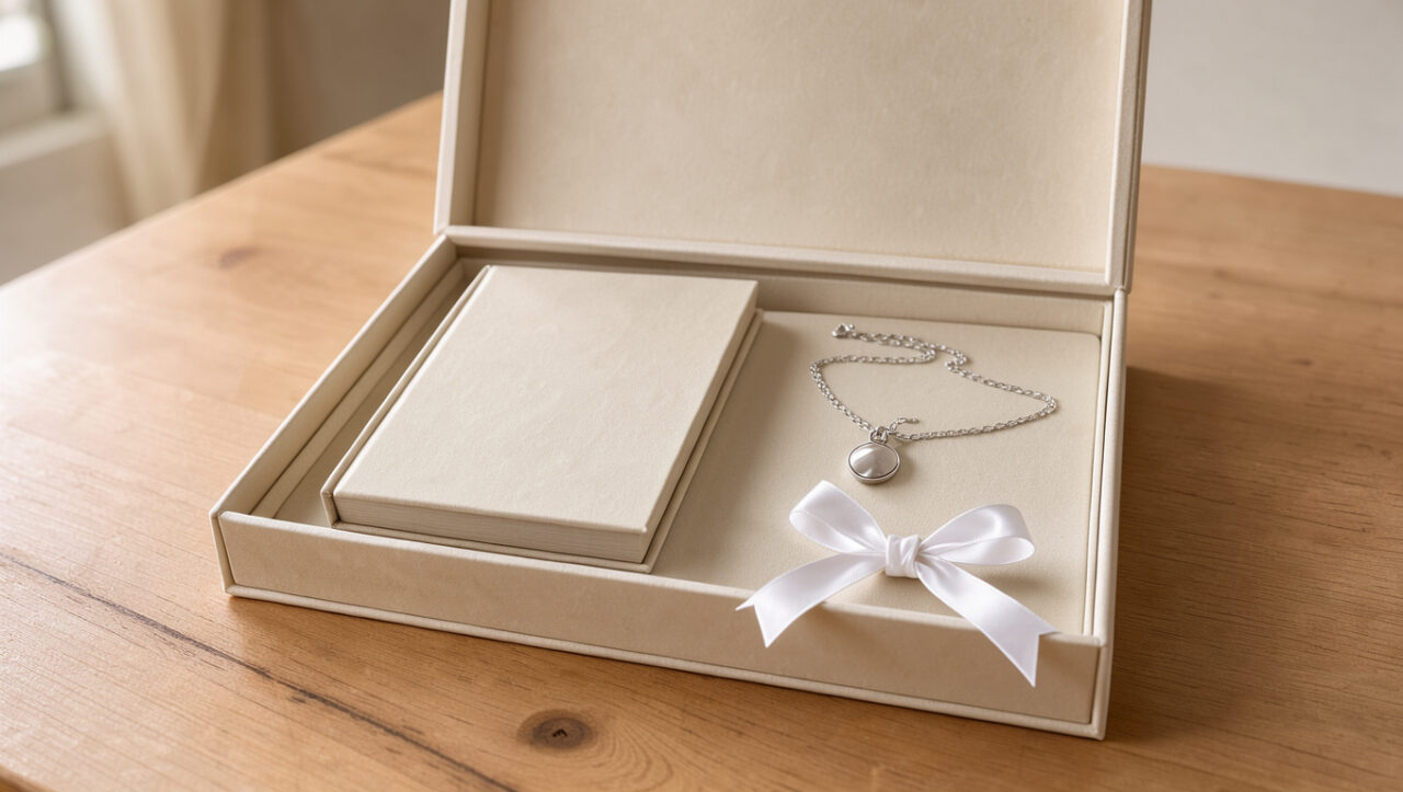 Coffret de cadeaux de baptême avec un livre fermé, un bijou discret et un ruban blanc posés sur une table lumineuse.