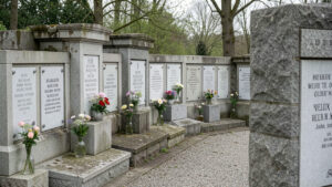 Vue sobre d’un columbarium dans un cimetière belge, avec des plaques funéraires alignées et de petites fleurs dans des vases intégrés, sous une douce lumière printanière.
