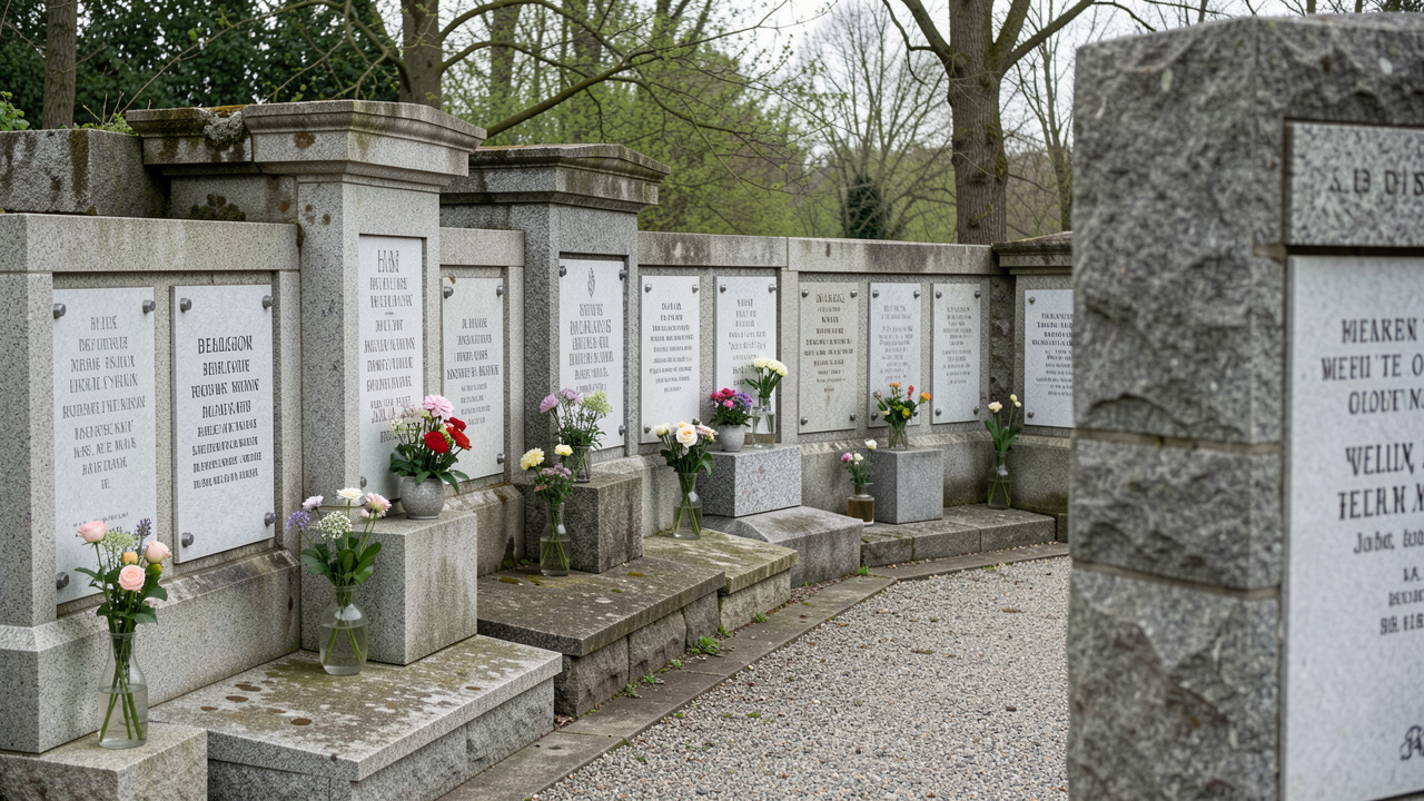 Vue sobre d’un columbarium dans un cimetière belge, avec des plaques funéraires alignées et de petites fleurs dans des vases intégrés, sous une douce lumière printanière.