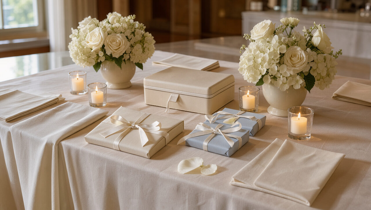 Table élégante de baptême décorée de cadeaux souvenirs, d’une boîte à souvenirs et de fleurs blanches sous une lumière douce.